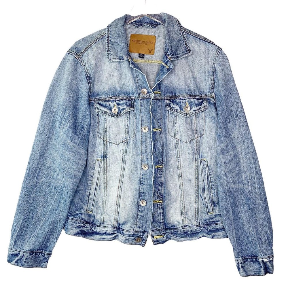 AEO Sz L Distressed Light Wash Denim Jacket